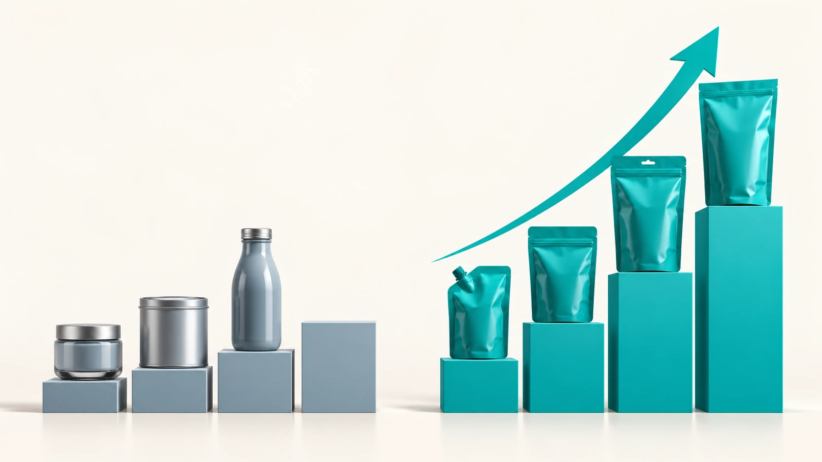 Gráfico abstrato comparando recipientes rígidos, de crescimento mais lento, com bolsas flexíveis resistentes a crianças, de crescimento mais rápido