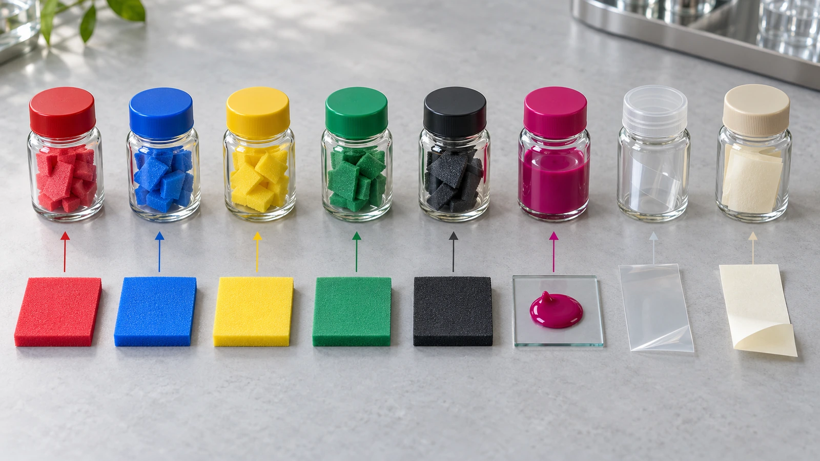 Amostras separadas de espuma EVA colorida, tinta, filme de cola e liner de liberação, dispostas ao lado de pequenos frascos de amostra de laboratório, representando o teste de segurança componente por componente