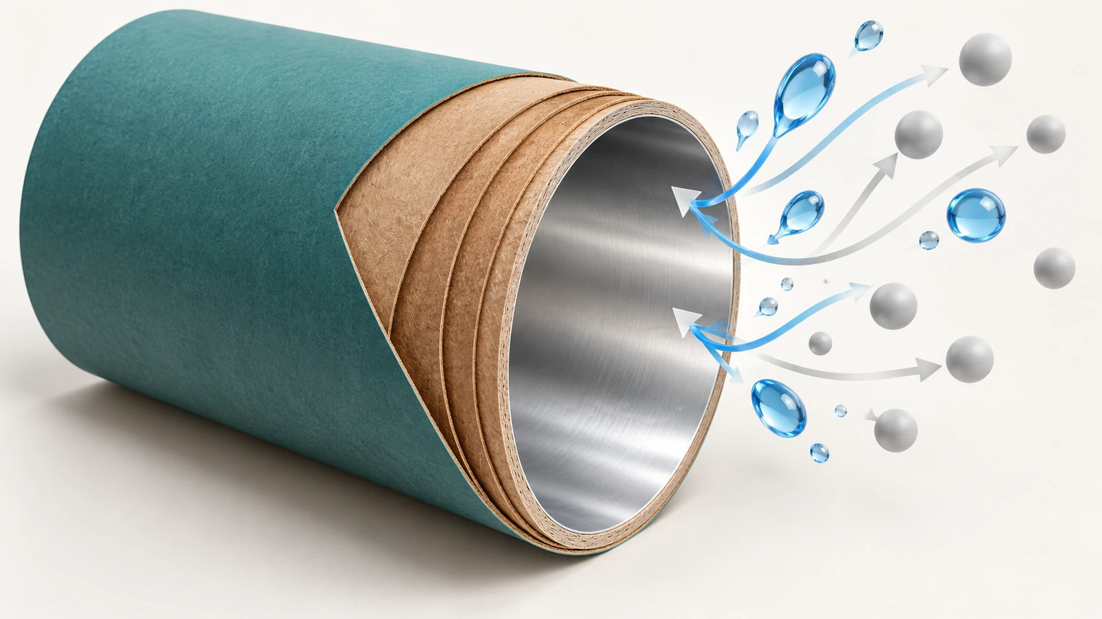 Ilustração em corte de um tubo de papel-cartão para alimentos, mostrando a lâmina externa, as lâminas estruturais de papel-cartão e um forro interno metálico, com setas indicando o bloqueio de umidade e oxigênio