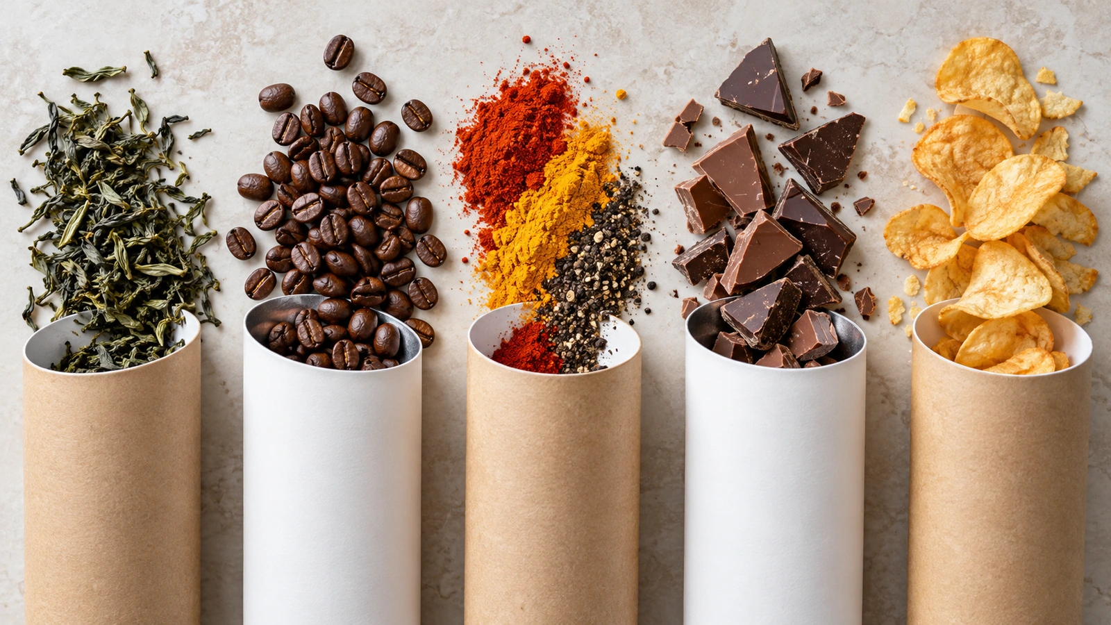 Tubos de papel-cartão kraft e branco, lisos e sem impressão, dispostos com folhas soltas de chá, grãos de café torrado, especiarias moídas coloridas, pedaços de chocolate e chips de salgadinhos sobre uma superfície neutra