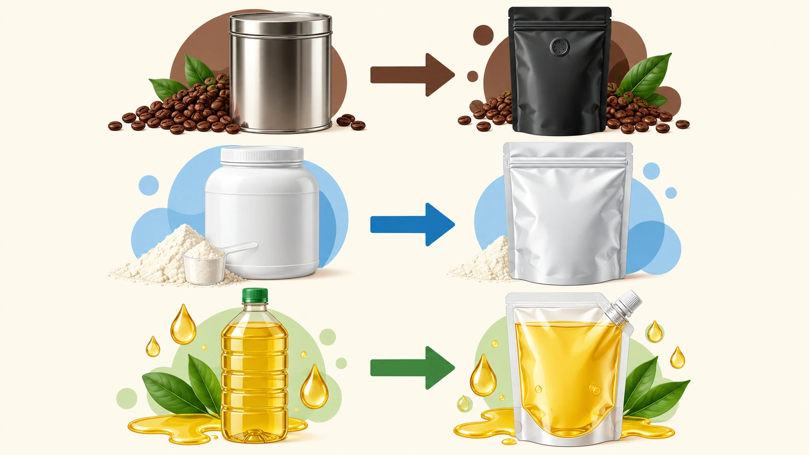 Diagrama de correspondência que liga uma lata de café a uma bolsa com válvula, um pote de pó a uma bolsa larga com zíper e uma garrafa de líquido a uma bolsa com bico, com setas coloridas