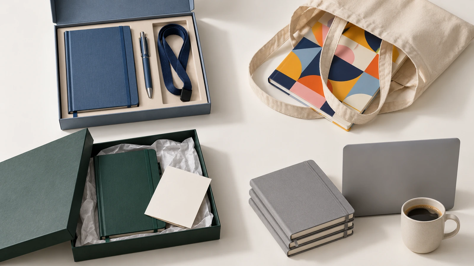 Quatro conjuntos de cadernos de capa dura dispostos como um kit de integração, uma sacola de conferência, uma caixa de presente para cliente e uma mesa de sala de treinamento