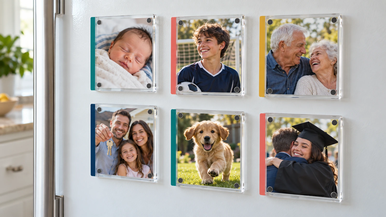 Várias molduras magnéticas de acrílico transparente com fotos de família, crianças e animais de estimação numa porta de geladeira branca, cada uma com uma pequena faixa colorida da marca em uma das bordas