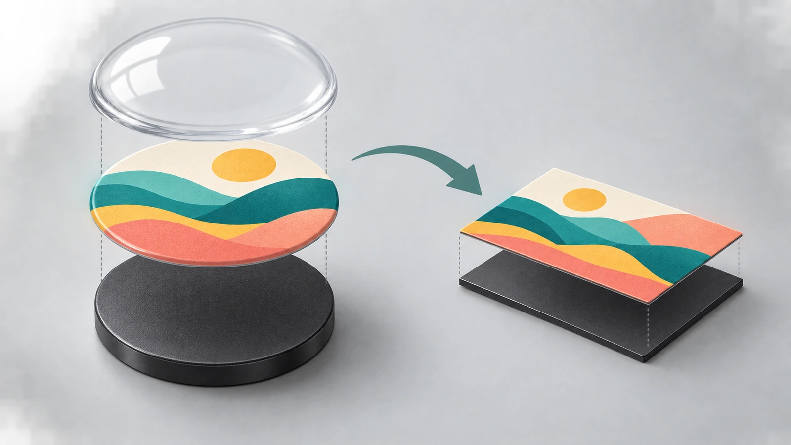 Ilustração em corte de um ímã de geladeira personalizado mostrando a face impressa, a camada protetora transparente e a base magnética como camadas coloridas empilhadas