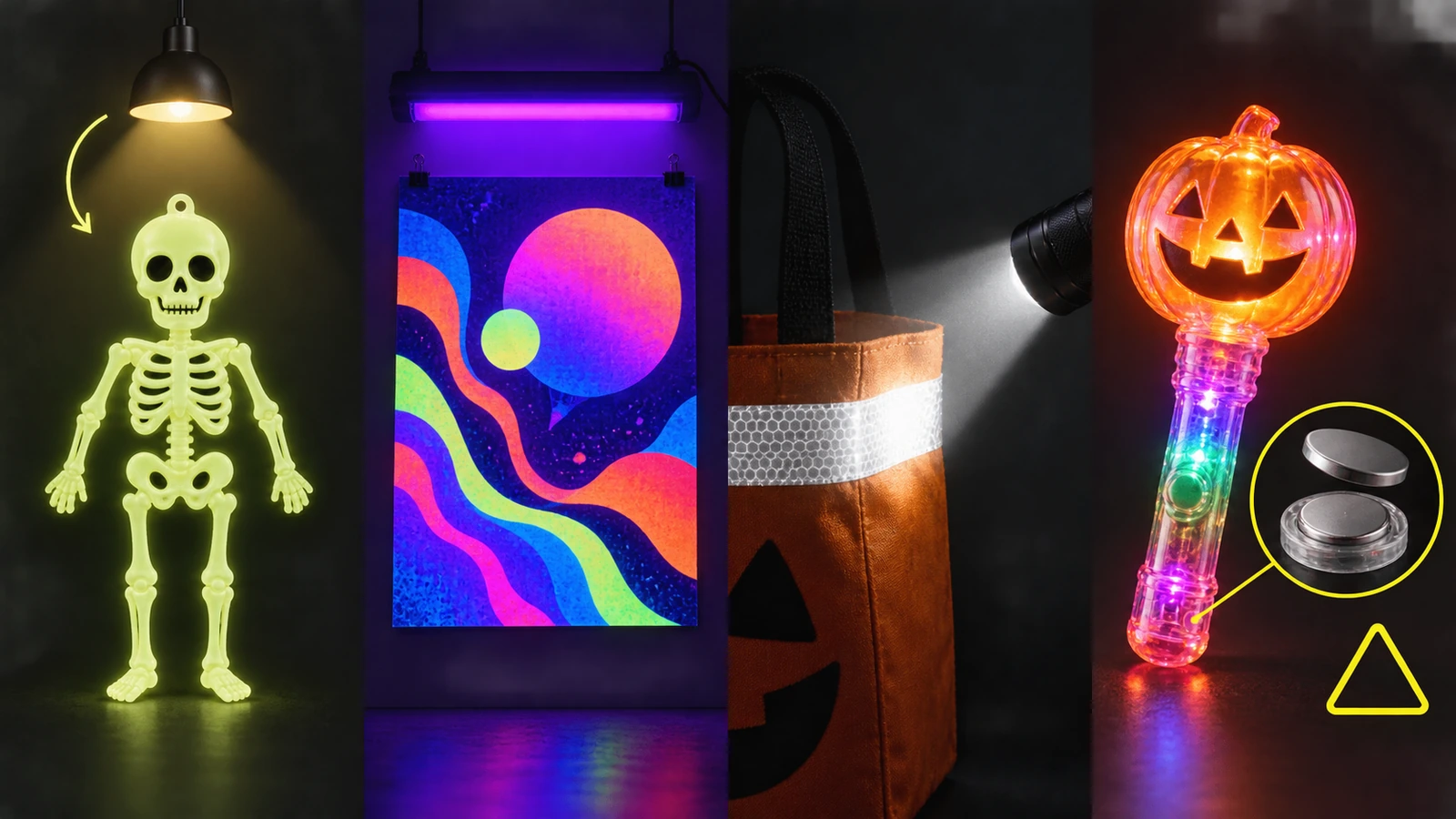 Ilustração em 4 painéis comparando um adesivo luminoso, uma impressão iluminada por luz negra, uma faixa refletiva iluminada pelo feixe de uma lanterna e um brinquedo de pilha que acende