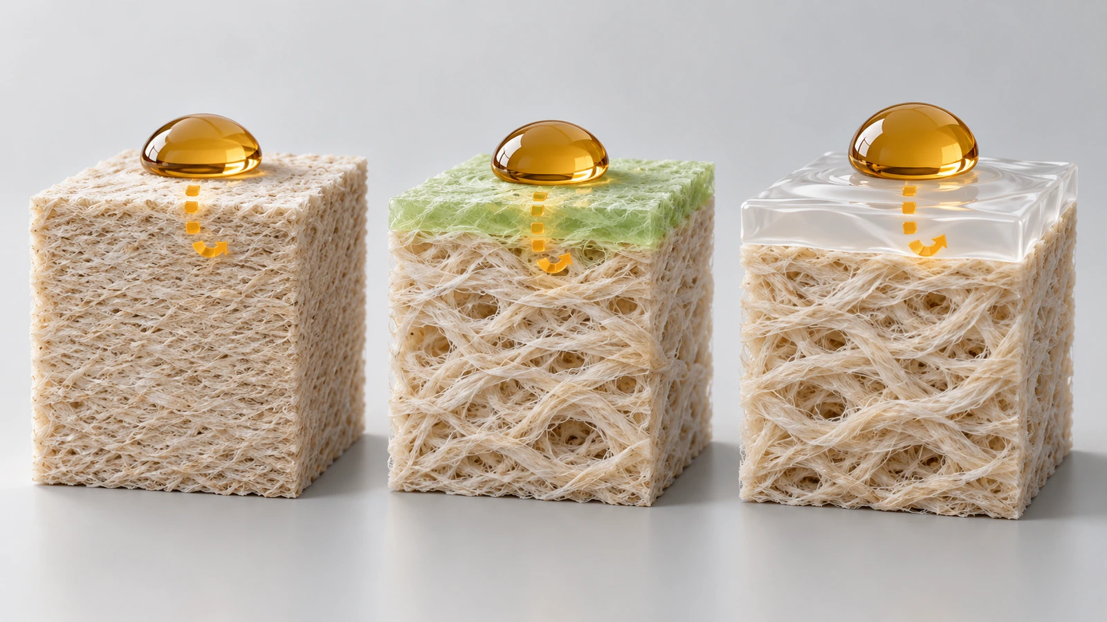Ilustração em corte transversal que compara três mecanismos do papel com barreira à gordura: fibra densamente refinada, superfície quimicamente tratada e revestimento de filme contínuo, com gotas de óleo detidas em profundidades diferentes
