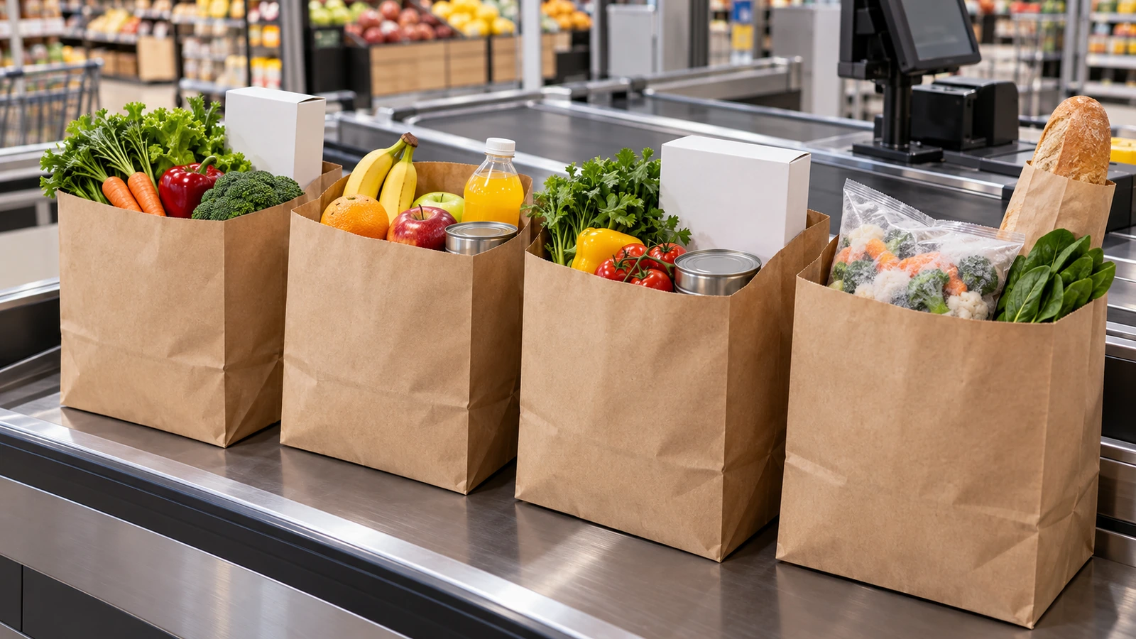 Fila de caixa de supermercado com sacolas de papel kraft marrom lisas, cheias de hortifrúti, garrafas e produtos em caixas