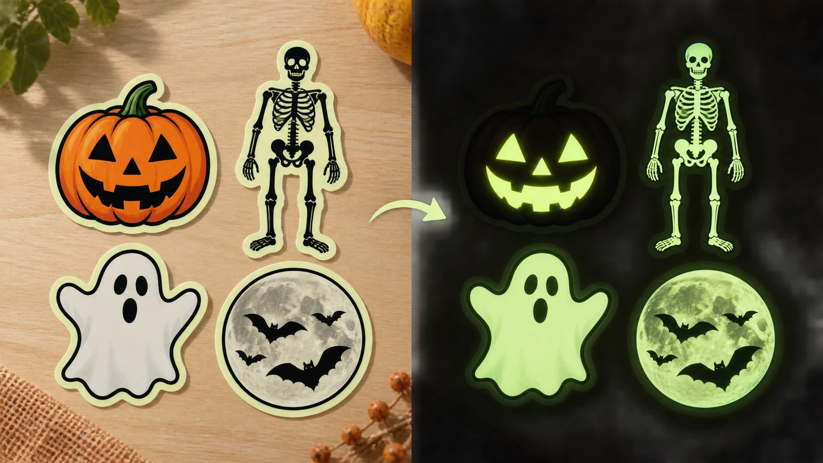 Adesivos de Halloween que brilham no escuro mostrados à luz do dia, com arte colorida de abóbora, fantasma e esqueleto, e no escuro, com apenas as áreas sem impressão brilhando em verde