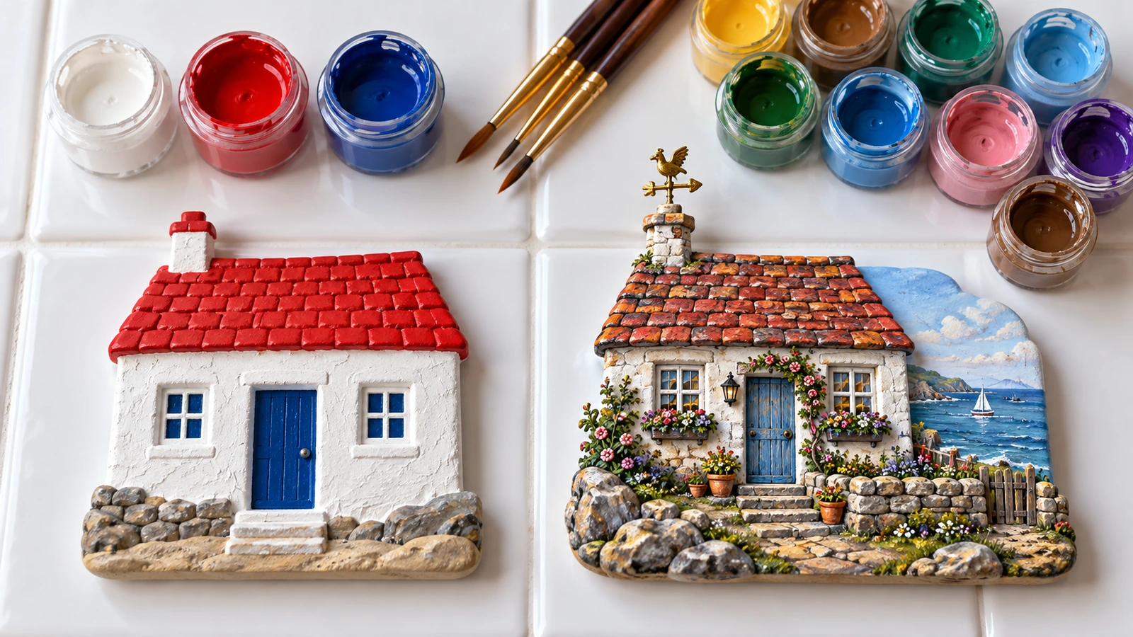 Dois ímãs de souvenir sem marca lado a lado, um pintado com poucas cores chapadas e outro com muitos detalhes finos pintados, com pincéis e potes de tinta