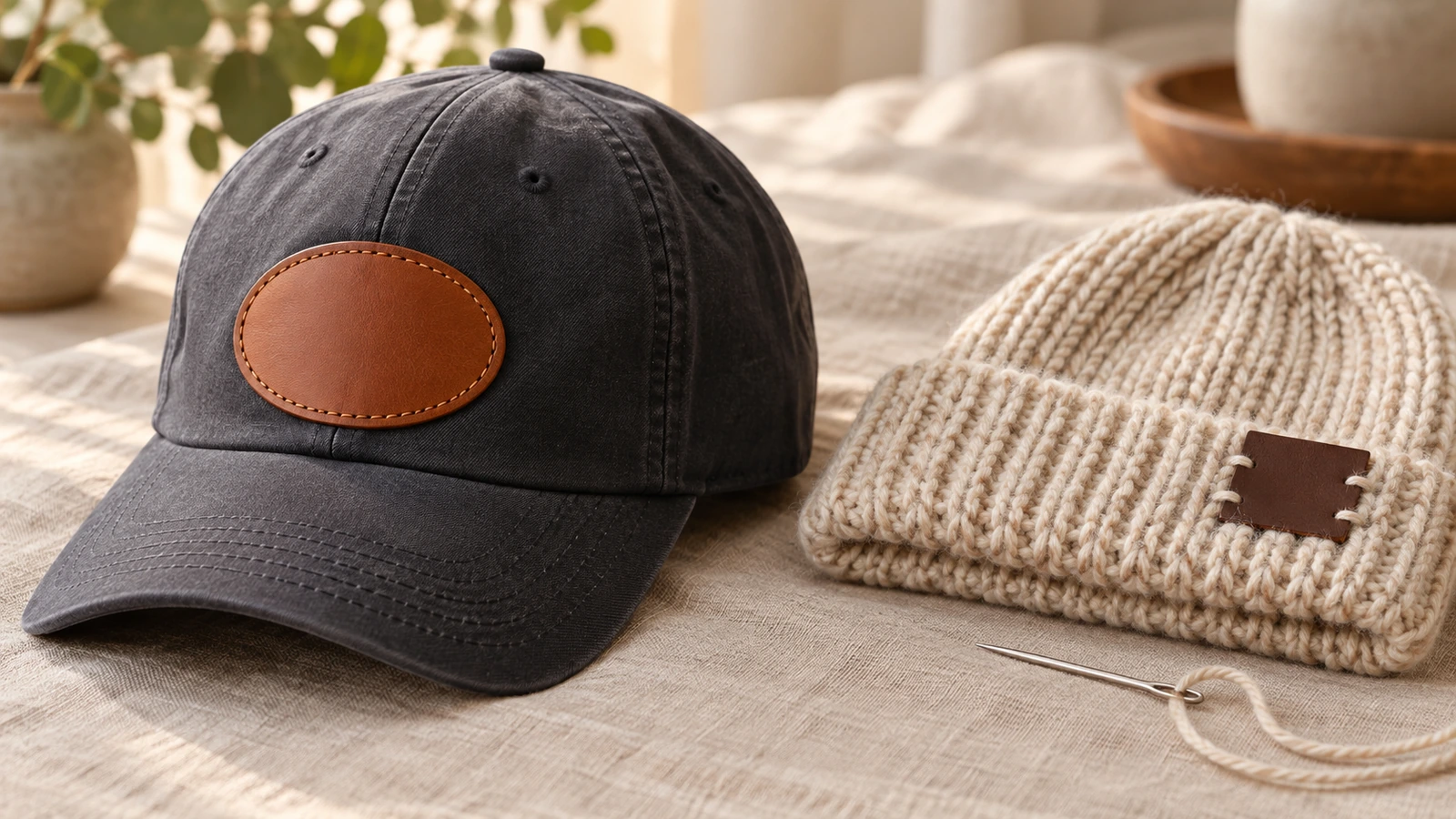 Um boné estruturado e um gorro de malha dobrado lado a lado, mostrando um aplique de couro costurado no painel frontal do boné e uma etiqueta dobrada ao meio, costurada à mão, no punho do gorro