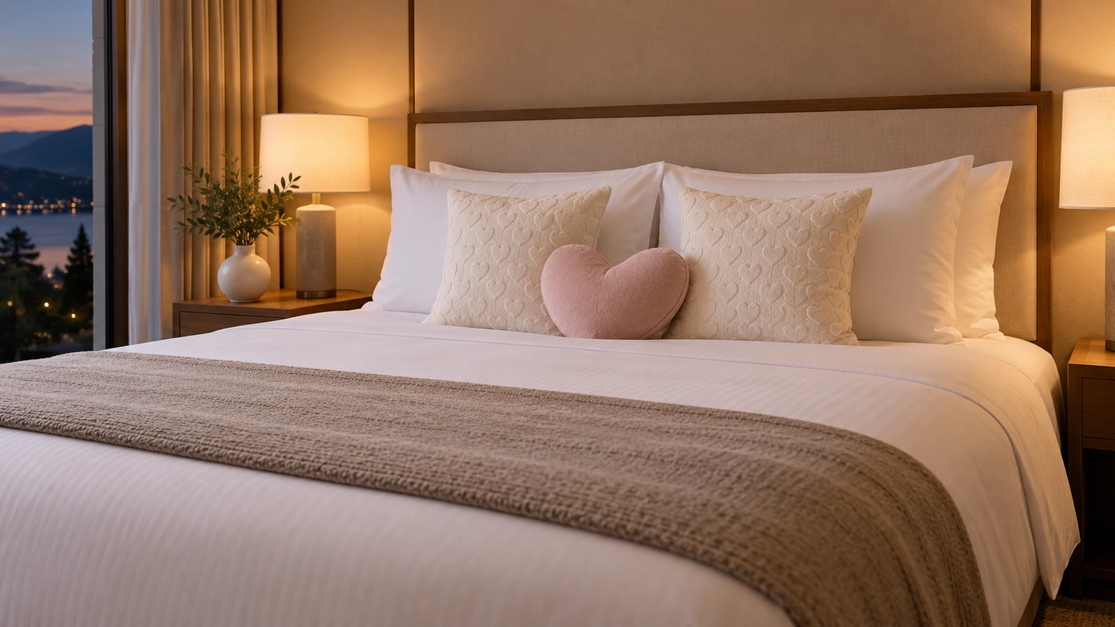 Cama de suíte de hotel decorada com travesseiros brancos, duas almofadas de arremesso quadradas com um padrão discreto de coração e um pequeno acento de coração recortado no centro