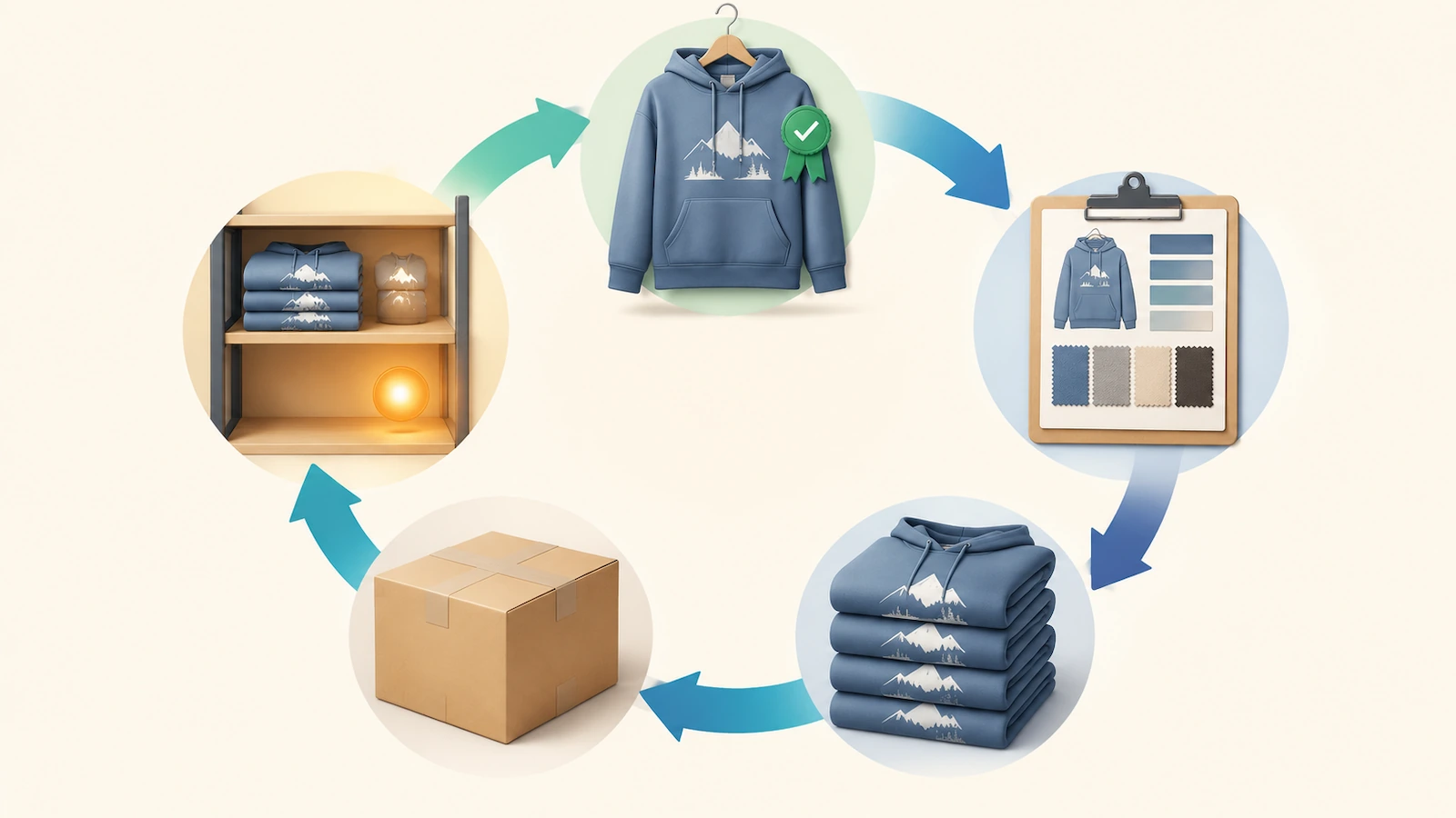 Ciclo de reposição de uma marca de moletons: amostra de referência aprovada, especificação travada, tiragem de produção, envio e gatilho de reposição de estoque