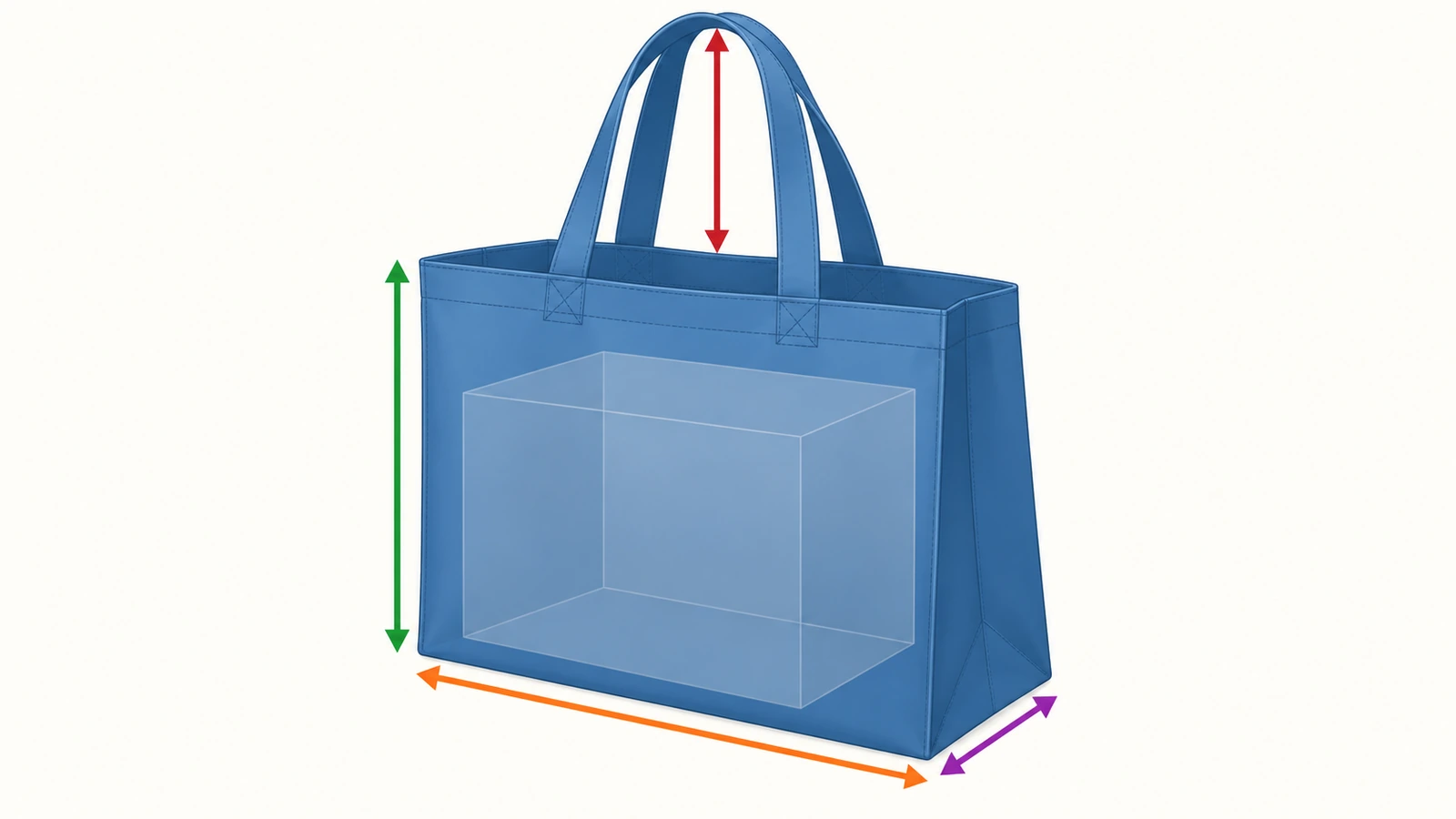 Diagrama de uma sacola de compras reutilizável grande, com setas coloridas indicando largura, altura, profundidade do fole e queda da alça