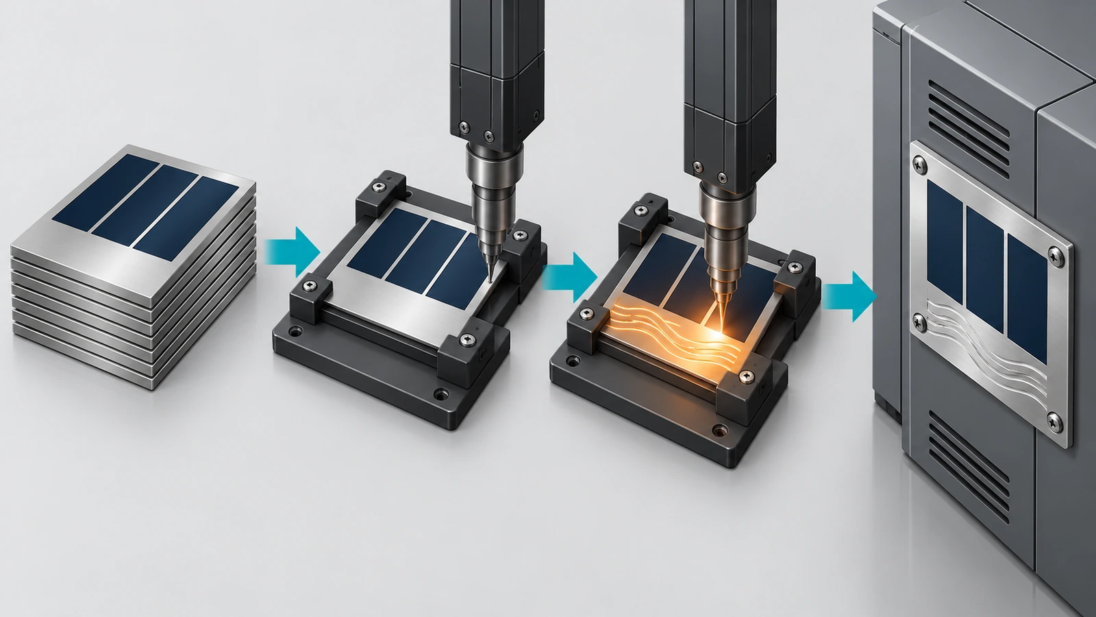 Diagrama do fluxo de trabalho: chegam as placas-base de aço inoxidável pré-gravadas quimicamente, entram em um dispositivo de fixação, recebem os dados variáveis riscados e depois são montadas no equipamento