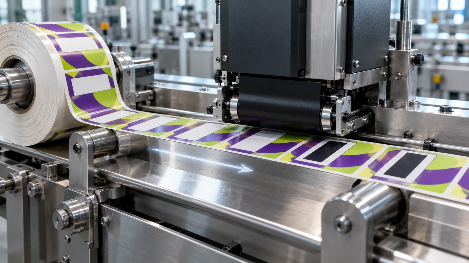 Um rolo de etiquetas pré-impressas em cores plenas se desenrolando sob uma cabeça de impressão de transferência térmica que acrescenta uma faixa escura codificada em uma janela em branco reservada em cada etiqueta