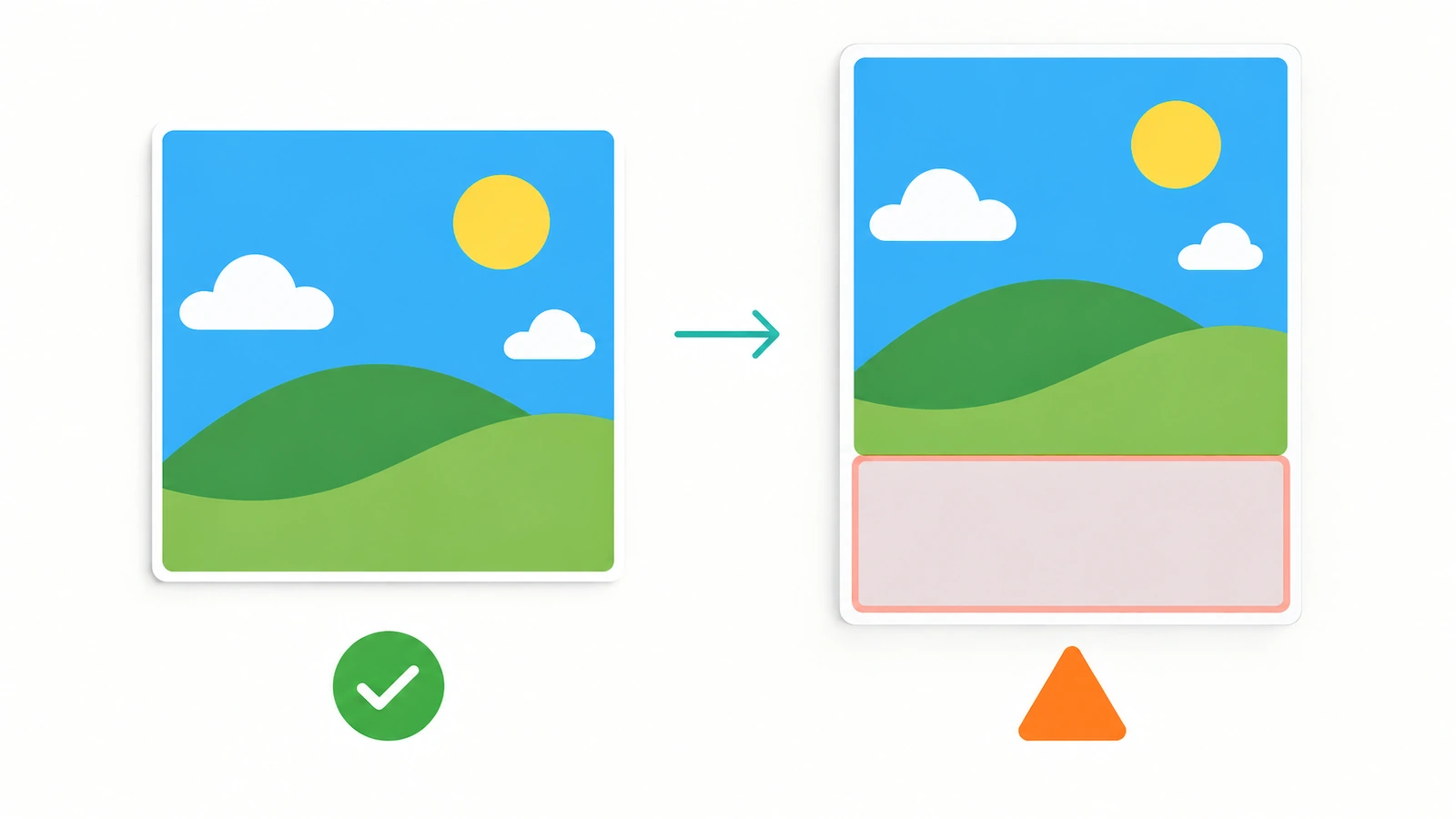 Diagrama mostrando uma foto quadrada preenchendo por completo uma página quadrada, enquanto a mesma foto em uma página em retrato deixa uma faixa vazia