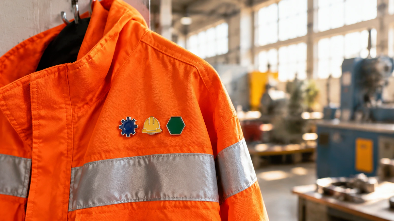 Pins de esmalte geométricos em branco sobre uma jaqueta de alta visibilidade pendurada em uma oficina industrial bem iluminada