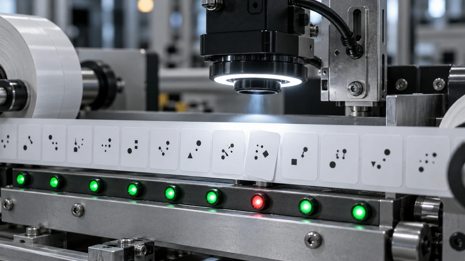 Câmera em linha inspecionando uma banda contínua de etiquetas em movimento, com luzes indicadoras verdes para etiquetas aprovadas e uma luz vermelha marcando uma etiqueta reprovada