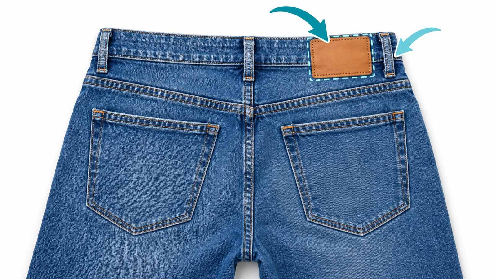 Vista traseira de um jeans com aplique de couro no lado direito do cós traseiro, com setas indicando a sequência de costura antes de os passantes serem travetados