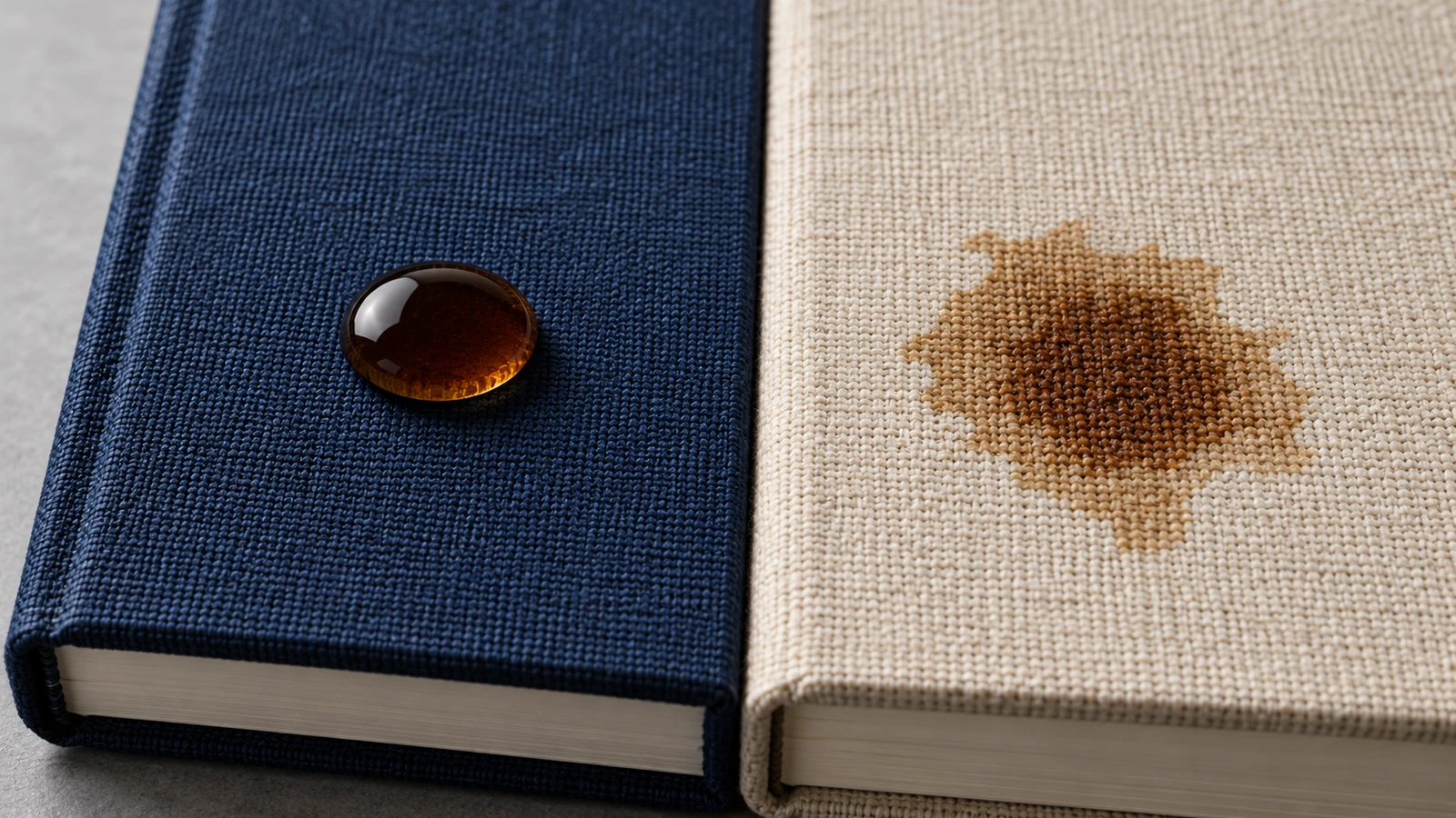 Gota de água formando uma esfera sobre tecido para encadernação revestido, em comparação com uma gota sendo absorvida por linho sem revestimento
