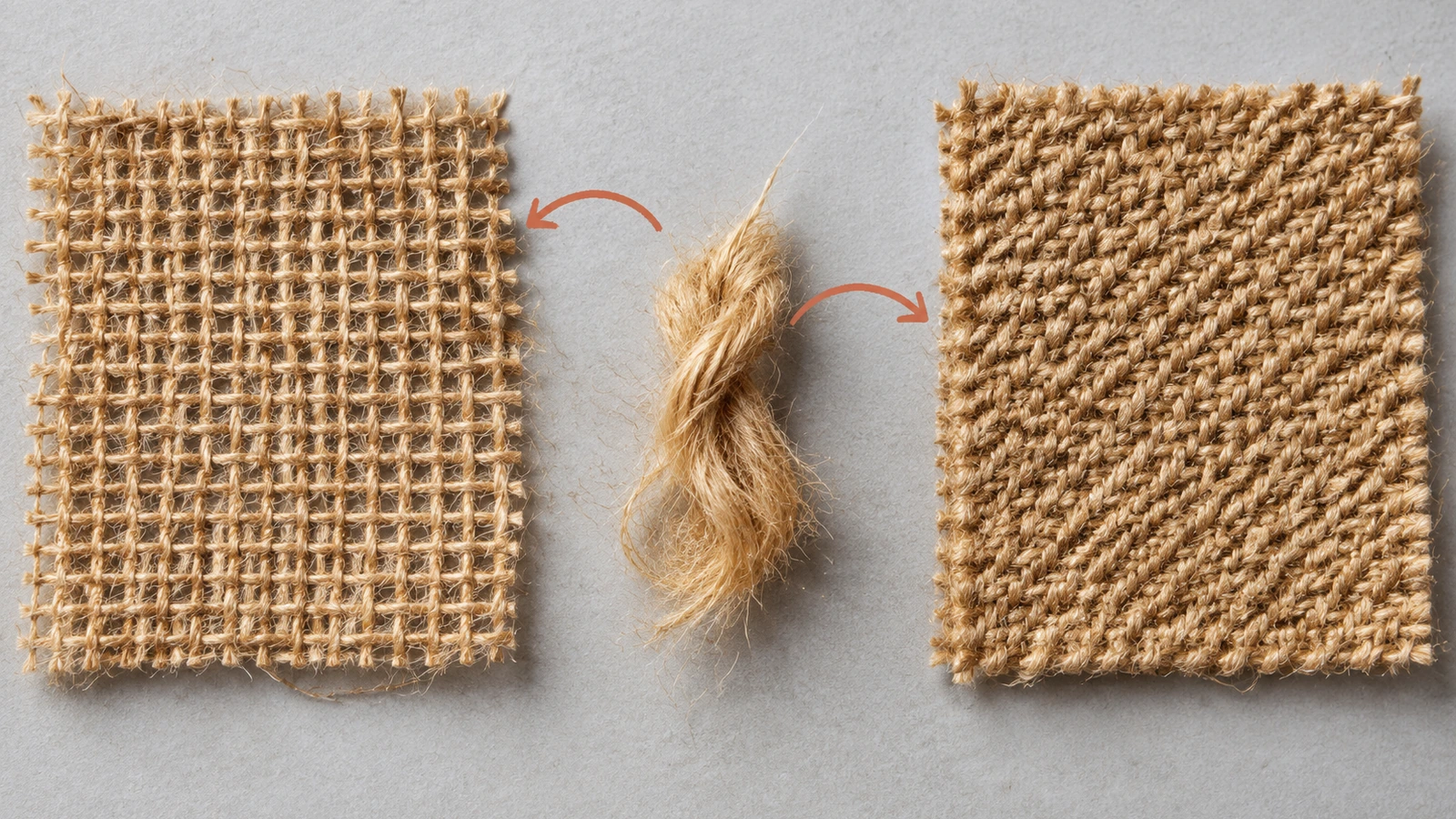 Comparação em close entre a aniagem aberta em tafetá e o tecido denso de juta em sarja para sacos, usado em sacos para mercadorias