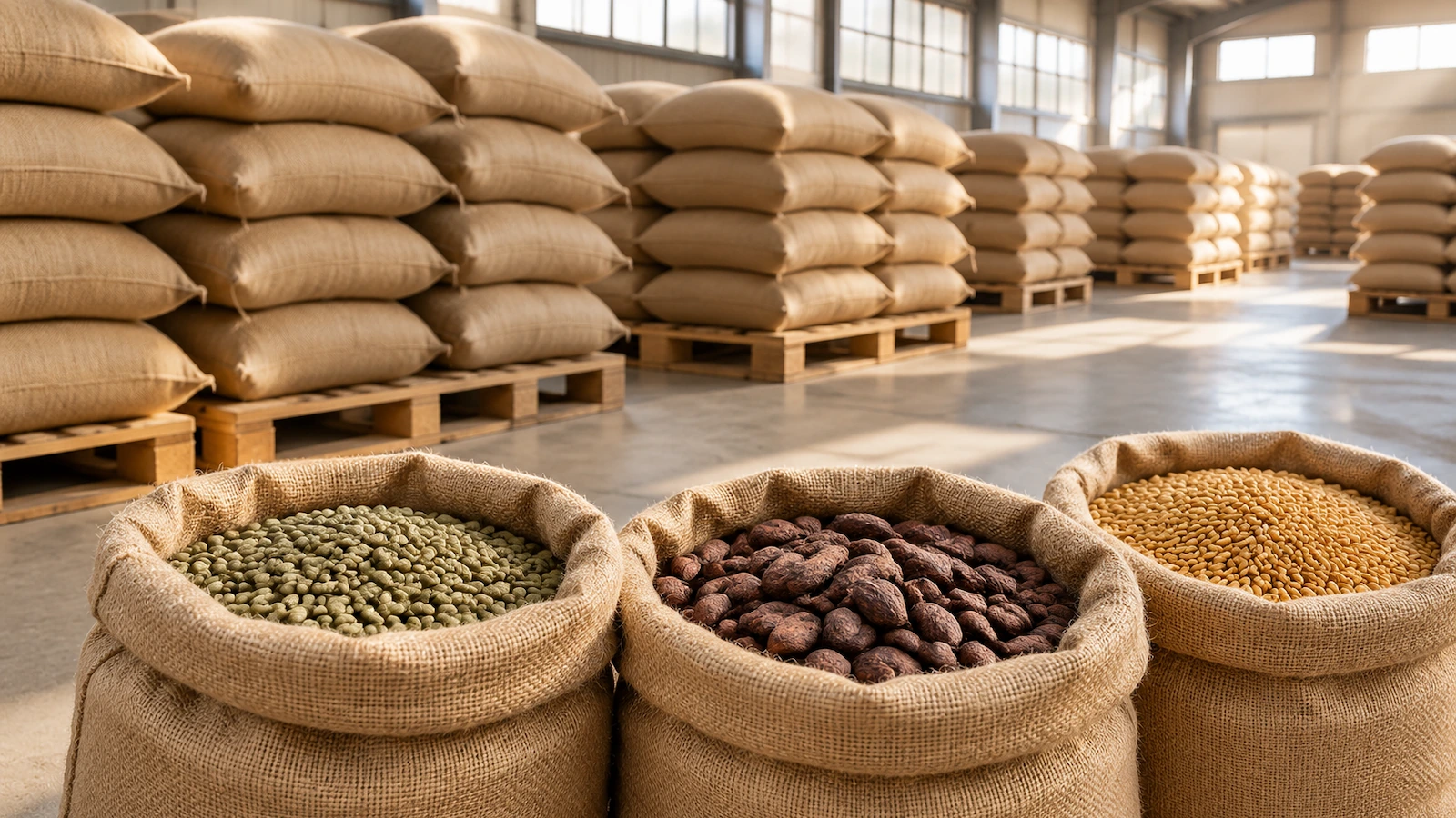 Sacos de juta natural empilhados, com café em grão, amêndoas de cacau e cereais, sobre paletes de madeira em um armazém seco