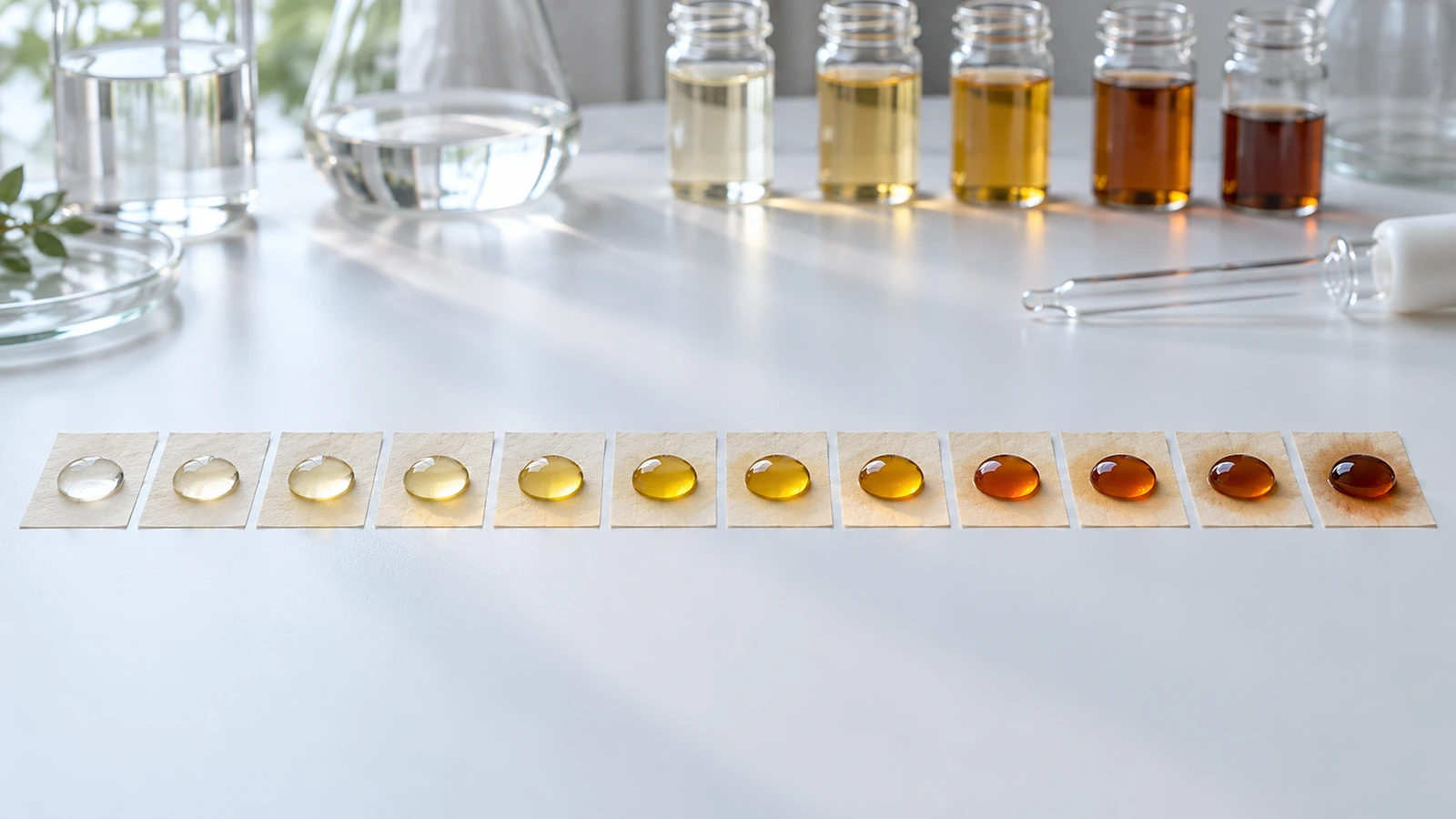 Bancada de laboratório com uma fileira de amostras de papel, cada uma com uma gota de líquido de ensaio progressivamente mais escuro, ilustrando o teste Kit graduado de resistência à gordura