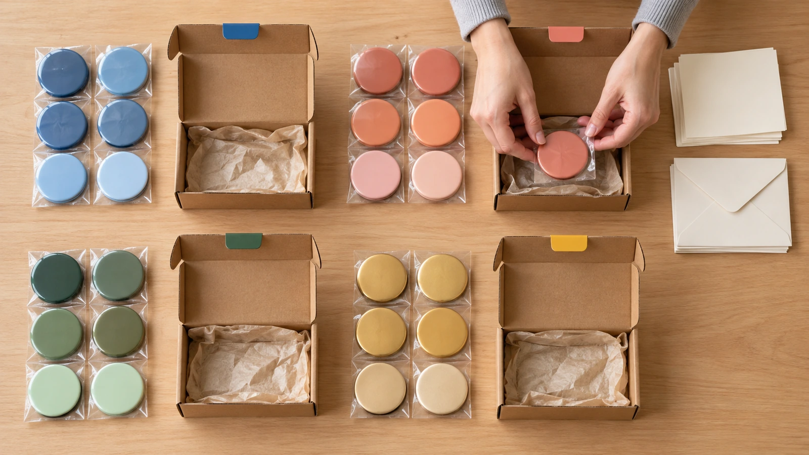 Mesa de embalagem com ímãs de geladeira de folha de flandres separados em pilhas codificadas por cor e em caixas para diferentes destinatários e destinos