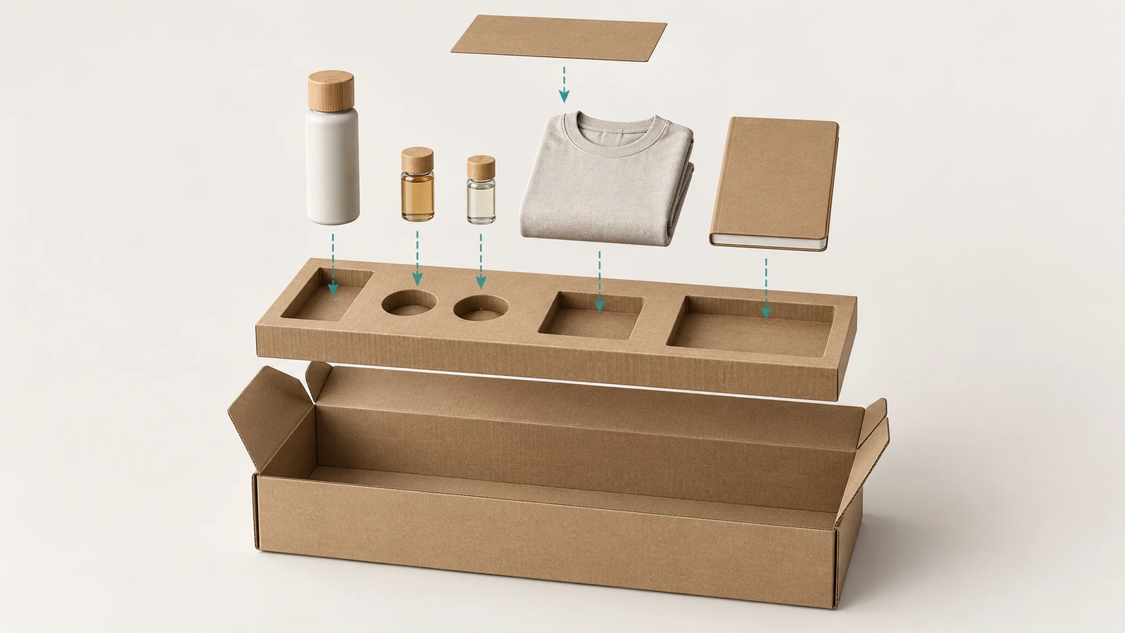 Vista explodida de uma caixa de envio para kits, mostrando a caixa externa com tampa de encaixe com extremidades dobradas, um inserto de papelão ondulado com corte e vinco e várias cavidades, e os componentes do kit suspensos acima dos encaixes que lhes foram atribuídos