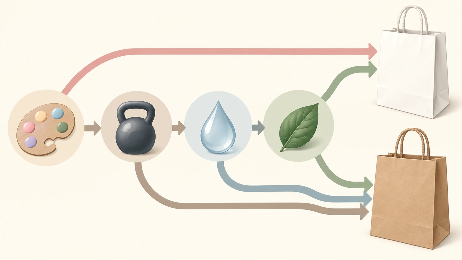Ilustração de um fluxo de decisão com formas simples e setas: um ícone de paleta, um ícone de peso, uma gota d'água e uma folha seguem por caminhos ramificados até uma sacola de kraft branco ou uma sacola de kraft marrom
