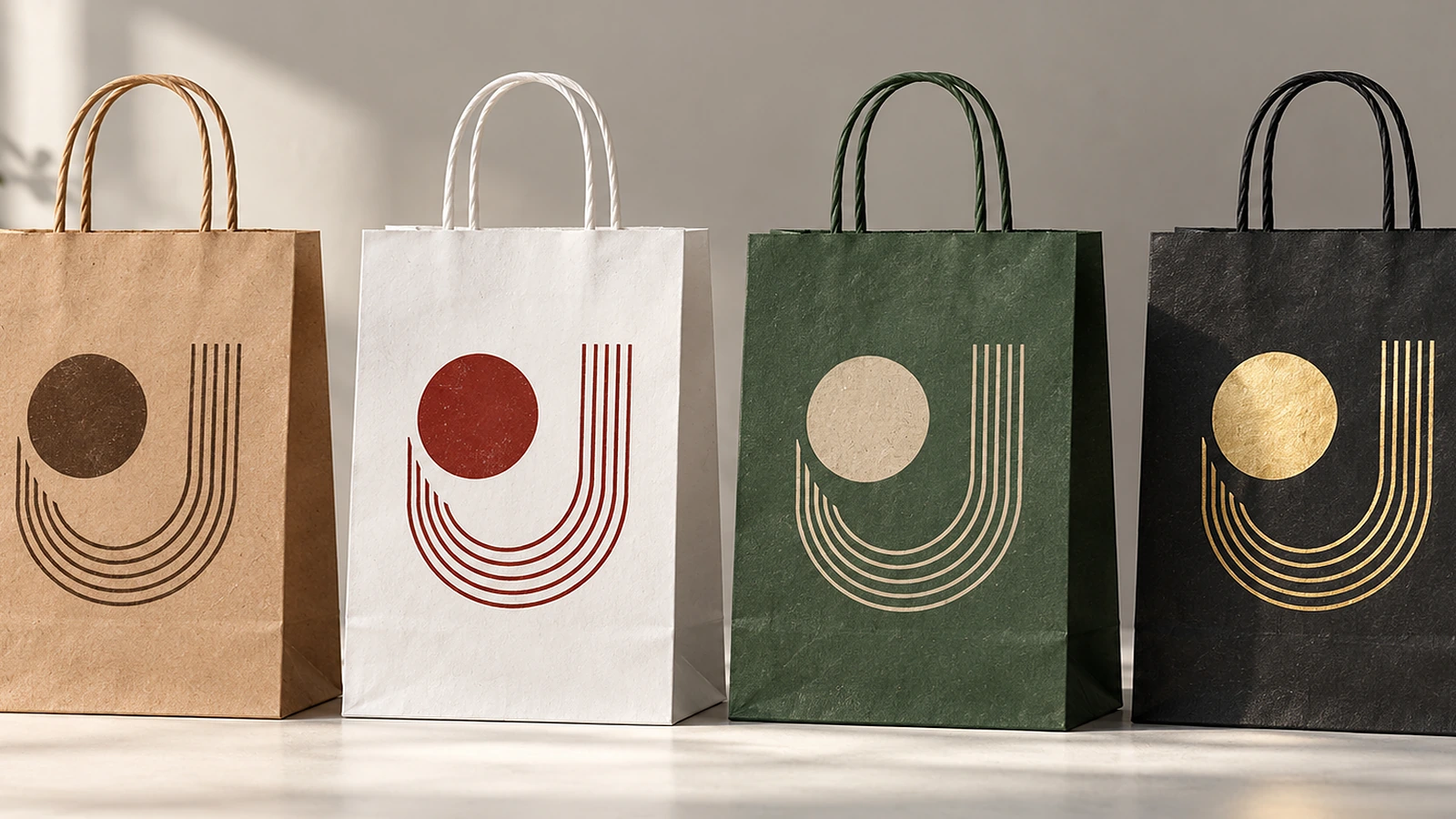 Fileira de sacos de papel kraft marrom natural, branco, colorido e preto com alças torcidas