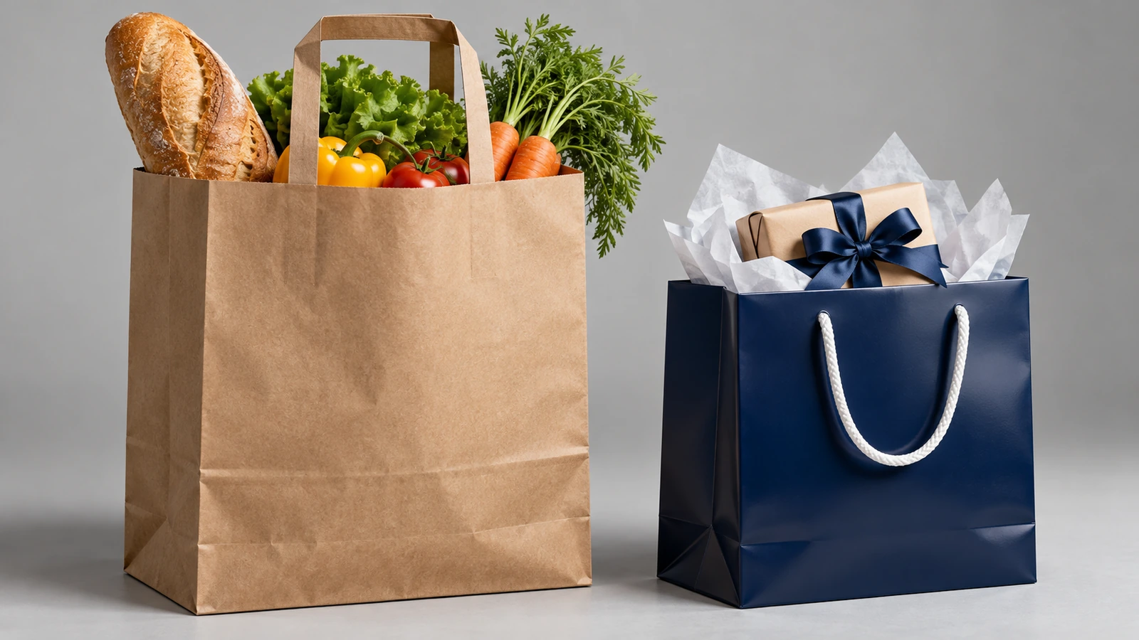 Sacola kraft marrom para supermercado com alças planas ao lado de uma sacola de presente laminada de papel couché escura e brilhante com alças de corda, ambas com superfícies em branco