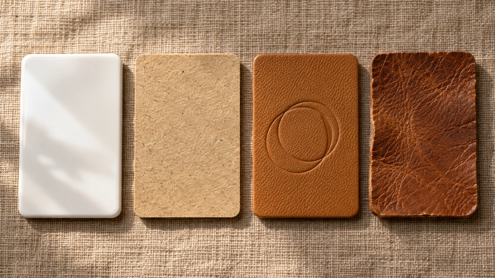 Vista aproximada, de cima, comparando lado a lado materiais de etiqueta de vinil brilhante, papel fosco, imitação de couro em relevo e couro natural