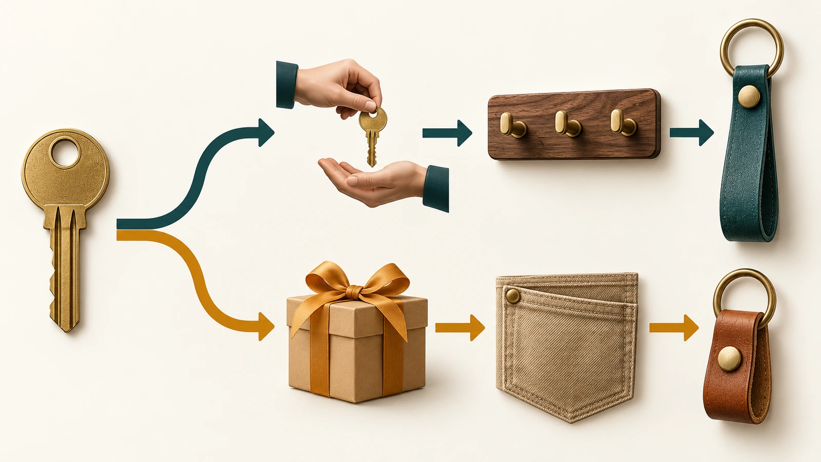Diagrama de fluxo de decisão com ícones e setas: um ícone de chave se divide em um caminho de alça usada no corpo para chaves de trabalho compartilhadas e em um caminho de chaveiro de bolso para entregas únicas de presente