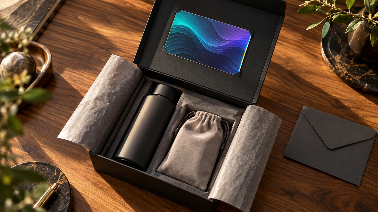 Caixa de kit de lançamento premium aberta, com papel de seda, produto e um inserto de cartão lenticular captando a luz em ângulo