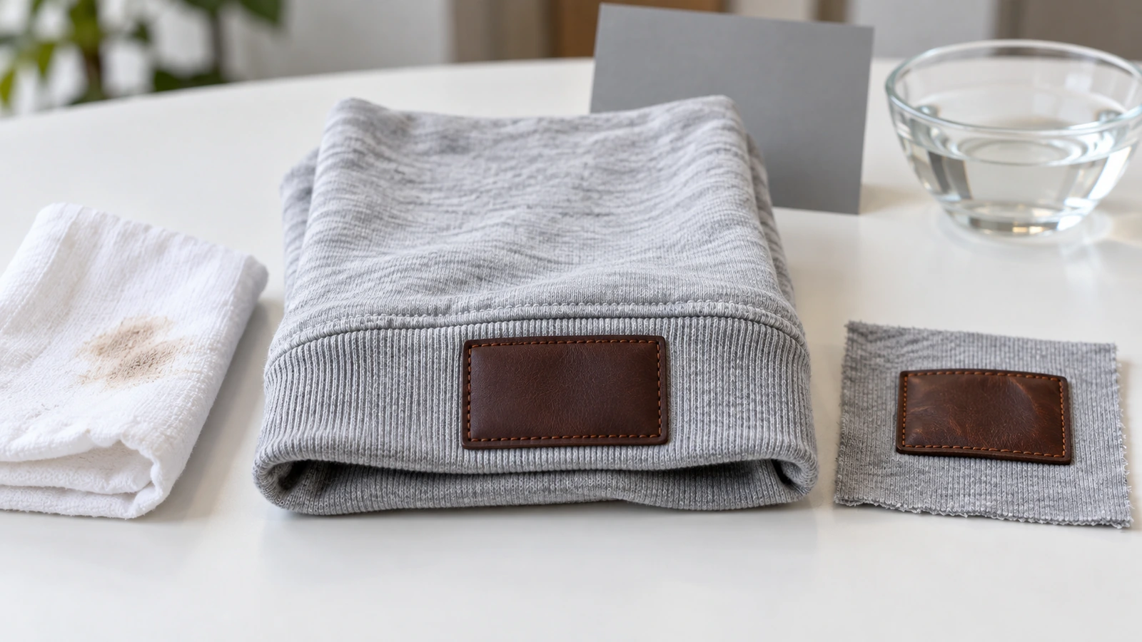 Peça de pré-produção com etiqueta de couro costurada ao lado de um pano branco de fricção e de uma amostra lavada para comparação, usados para verificar a transferência de corante e o descolamento das bordas