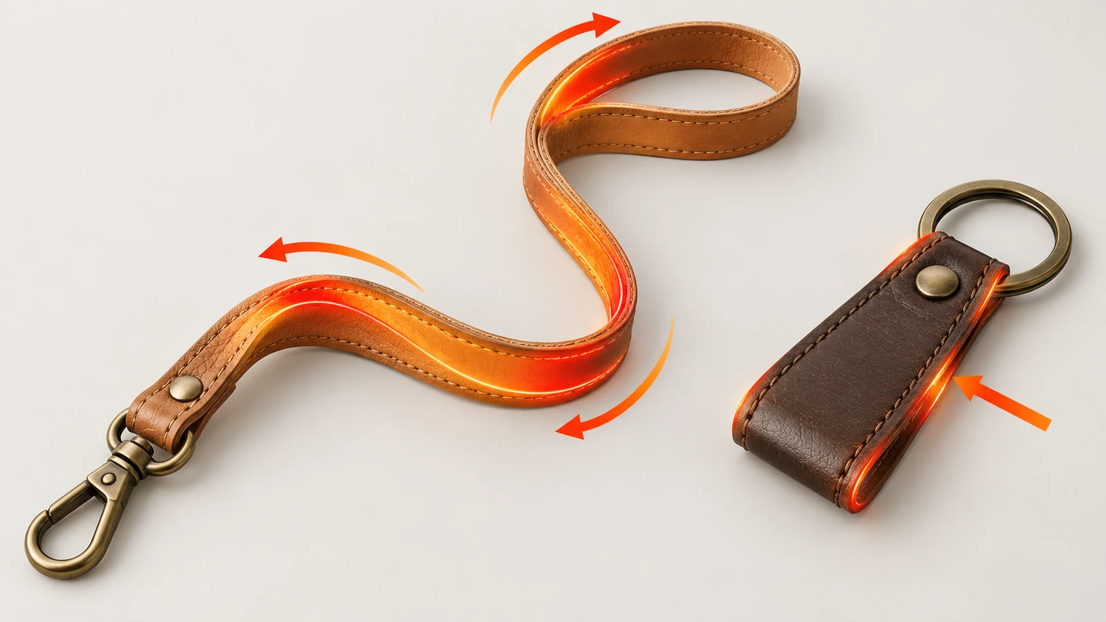Ilustração de uma alça de couro longa e de um chaveiro de couro curto lado a lado, com zonas de destaque em cores quentes mostrando que a alça flexiona ao longo de todo o comprimento, enquanto o chaveiro se desgasta principalmente nas bordas e no ponto da argola