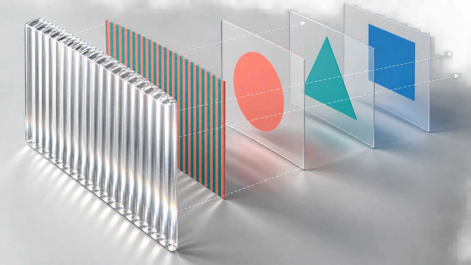 Diagrama explodido de um cartão lenticular 3D mostrando a folha de lente com sulcos, a camada de impressão intercalada e os planos de profundidade em camadas atrás da superfície