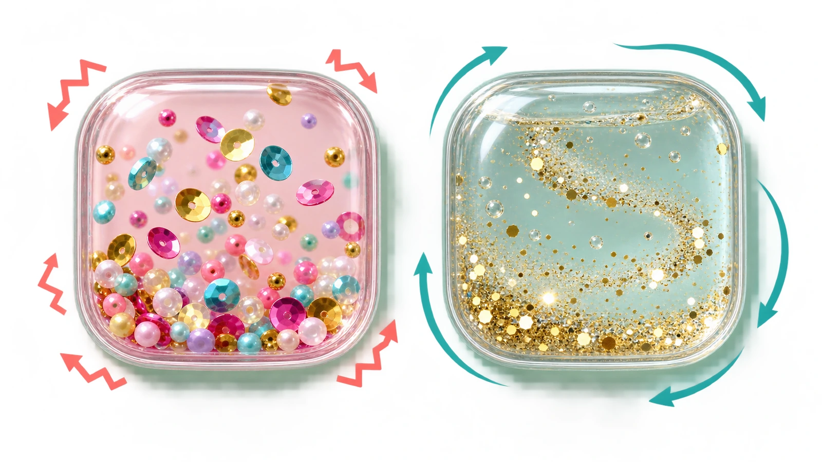 Dois adesivos shaker lado a lado: à esquerda, lantejoulas se movendo em uma cavidade seca com setas curtas e marcadas; à direita, glitter derivando lentamente em líquido com setas longas e curvas