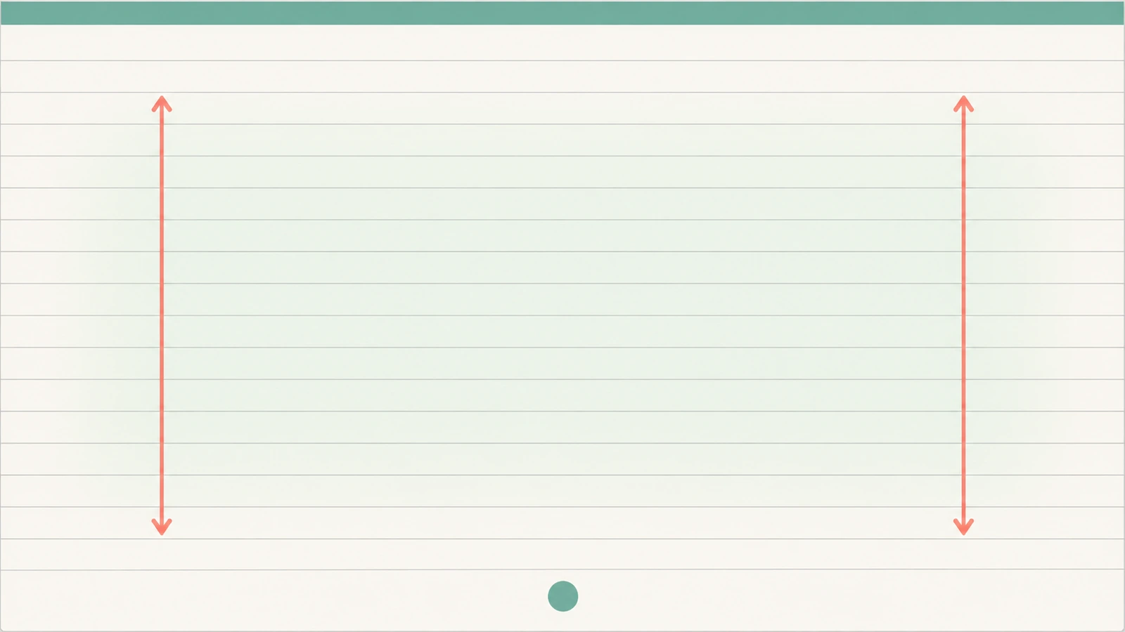 Diagrama de uma página de caderno com uma faixa colorida fina no topo e uma pequena marca na parte inferior, com setas indicando a área de escrita livre entre elas