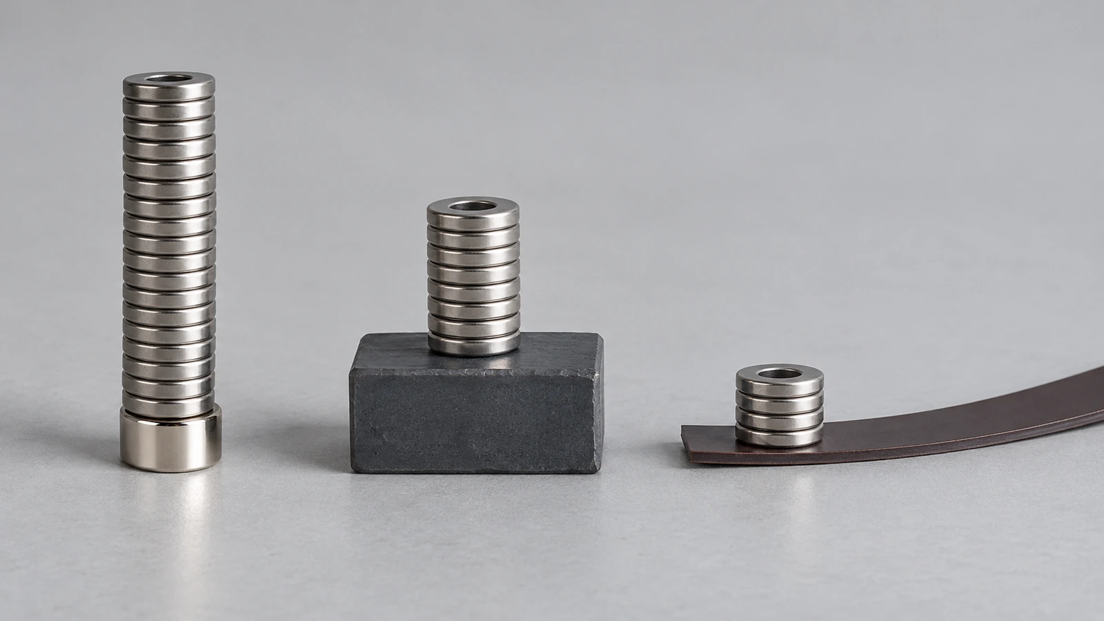 Comparação lado a lado de um pequeno disco de neodímio galvanizado, um bloco de ferrite cinza maior e uma tira magnética flexível fina, em escala para mostrar a força de retenção relativa