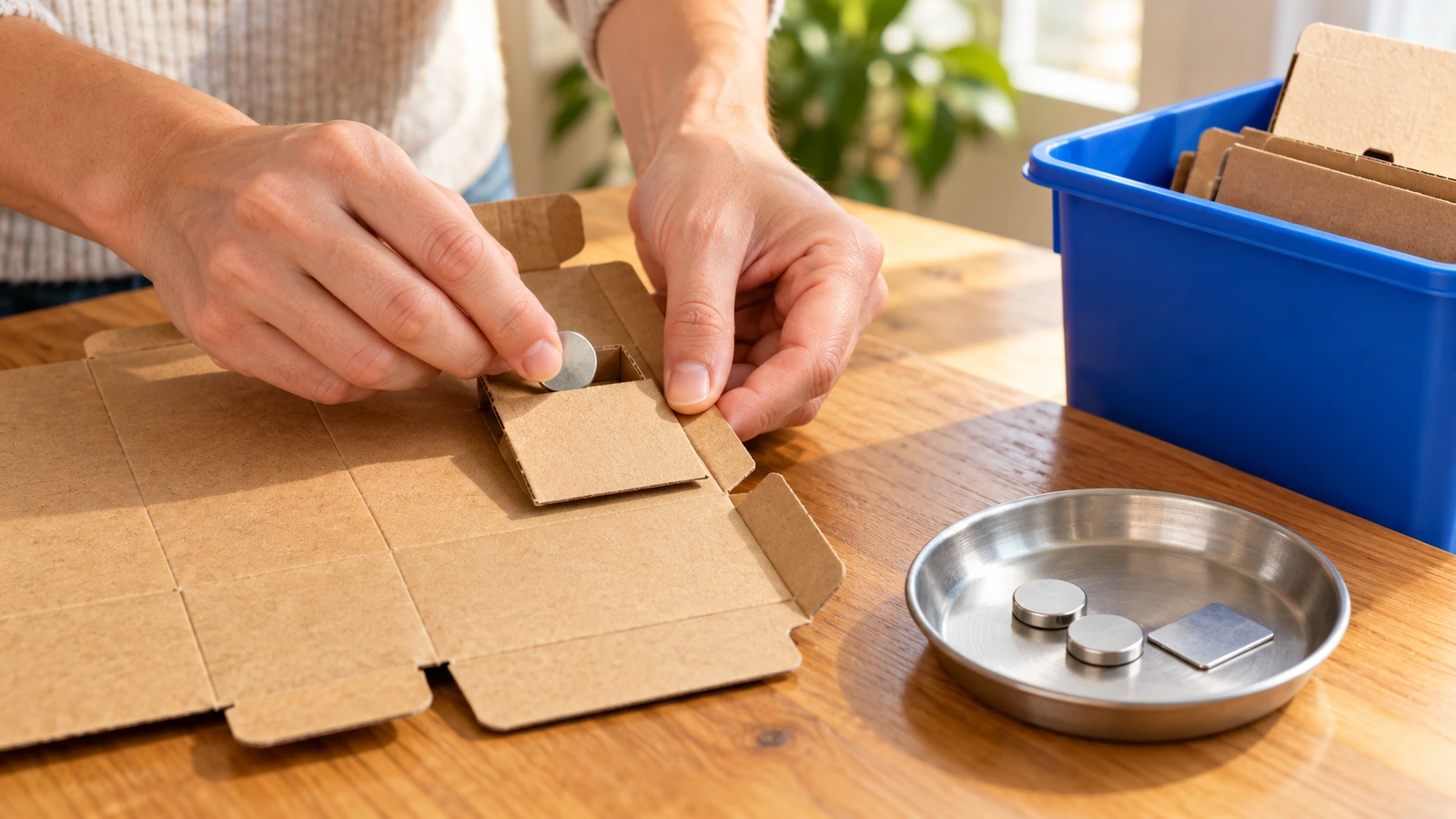 Mãos retirando um pequeno ímã em disco de uma caixa de papelão achatada, com o ímã indo para uma pequena bandeja de metal e o cartão para uma lixeira de reciclagem de papel