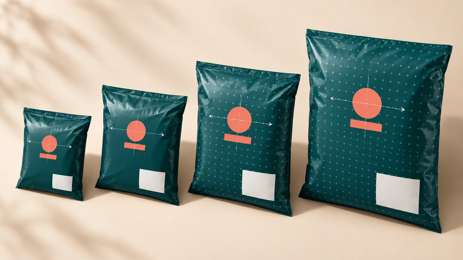 Família de envelopes plásticos de marca em tamanhos graduais, com a forma da marca mantida no mesmo ponto de ancoragem proporcional, ligados por setas de alinhamento