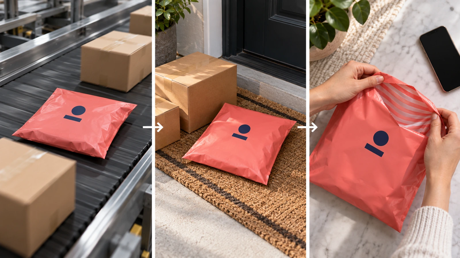 Três momentos de visualização de um envelope plástico de marca: em uma esteira de triagem, na porta de casa entre outros pacotes e aberto nas mãos de um cliente