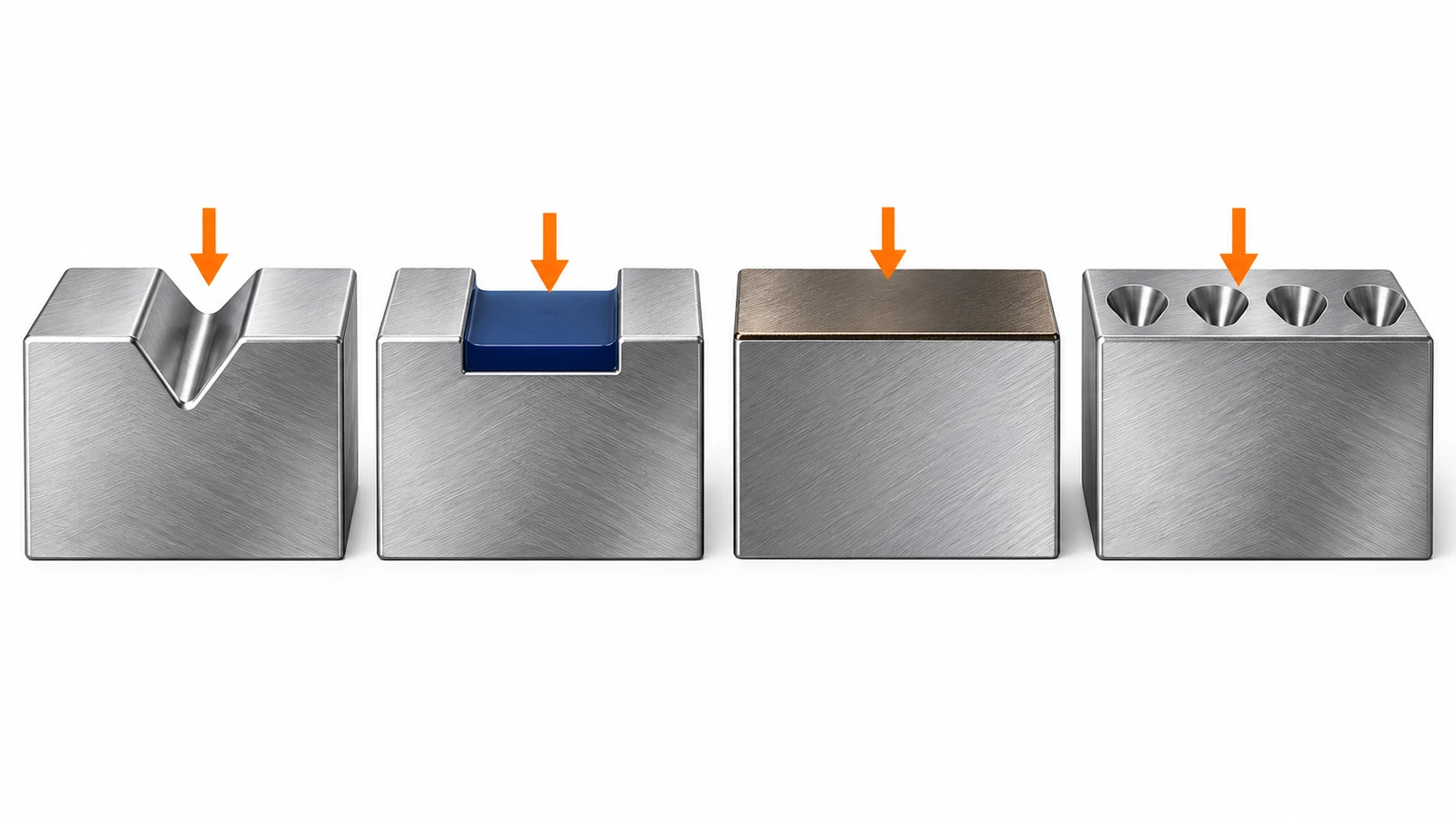 Comparação em corte transversal de um sulco em V riscado, de um rebaixo de gravação química preenchido, de uma camada superficial recozida a laser e de crateras de micropercussão em aço inoxidável