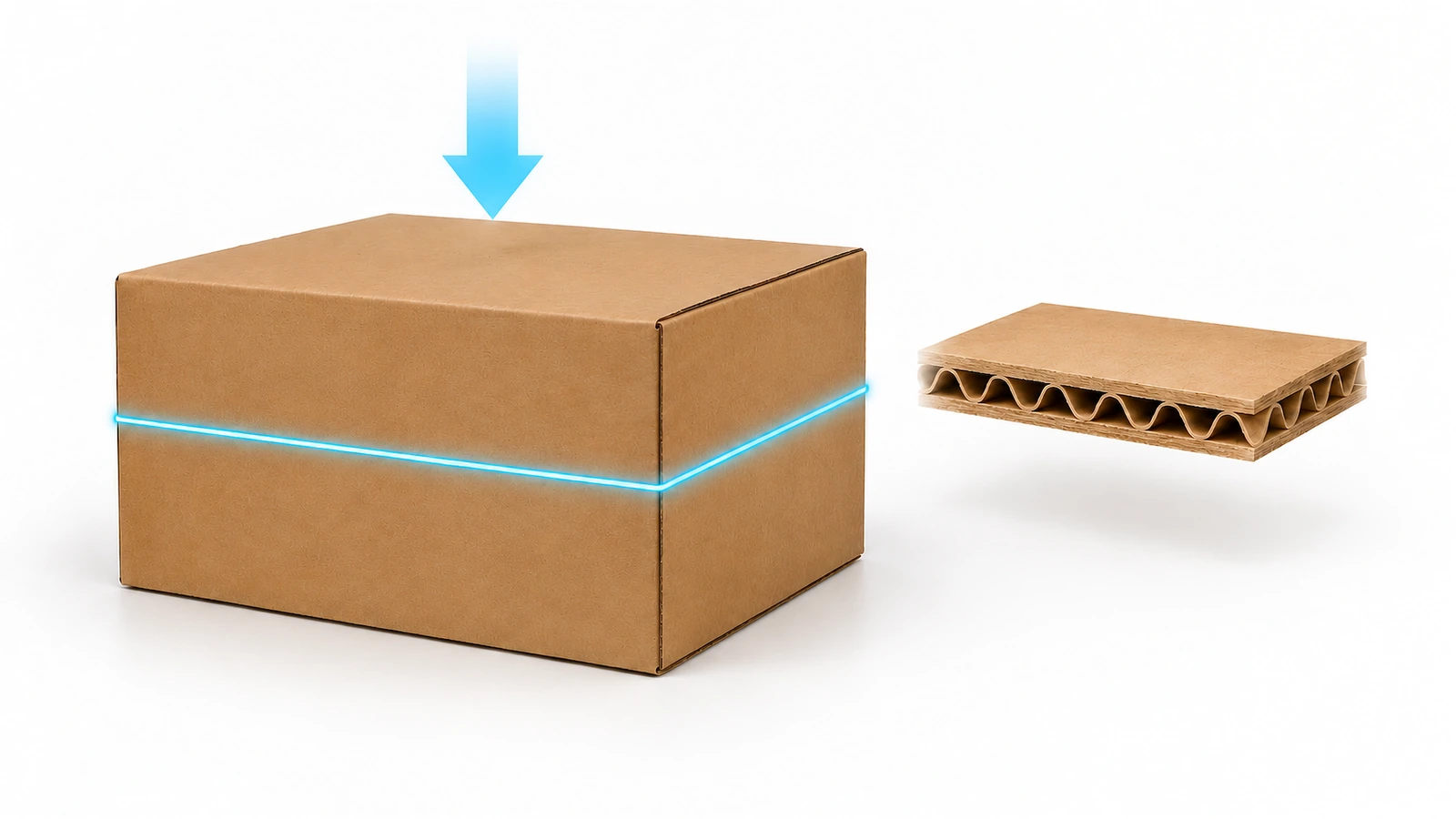 Caixa de papelão ondulado com um laço luminoso contornando o perímetro, ao lado de uma seção transversal ampliada do papelão mostrando capas e miolo ondulado, representando as variáveis da fórmula de McKee