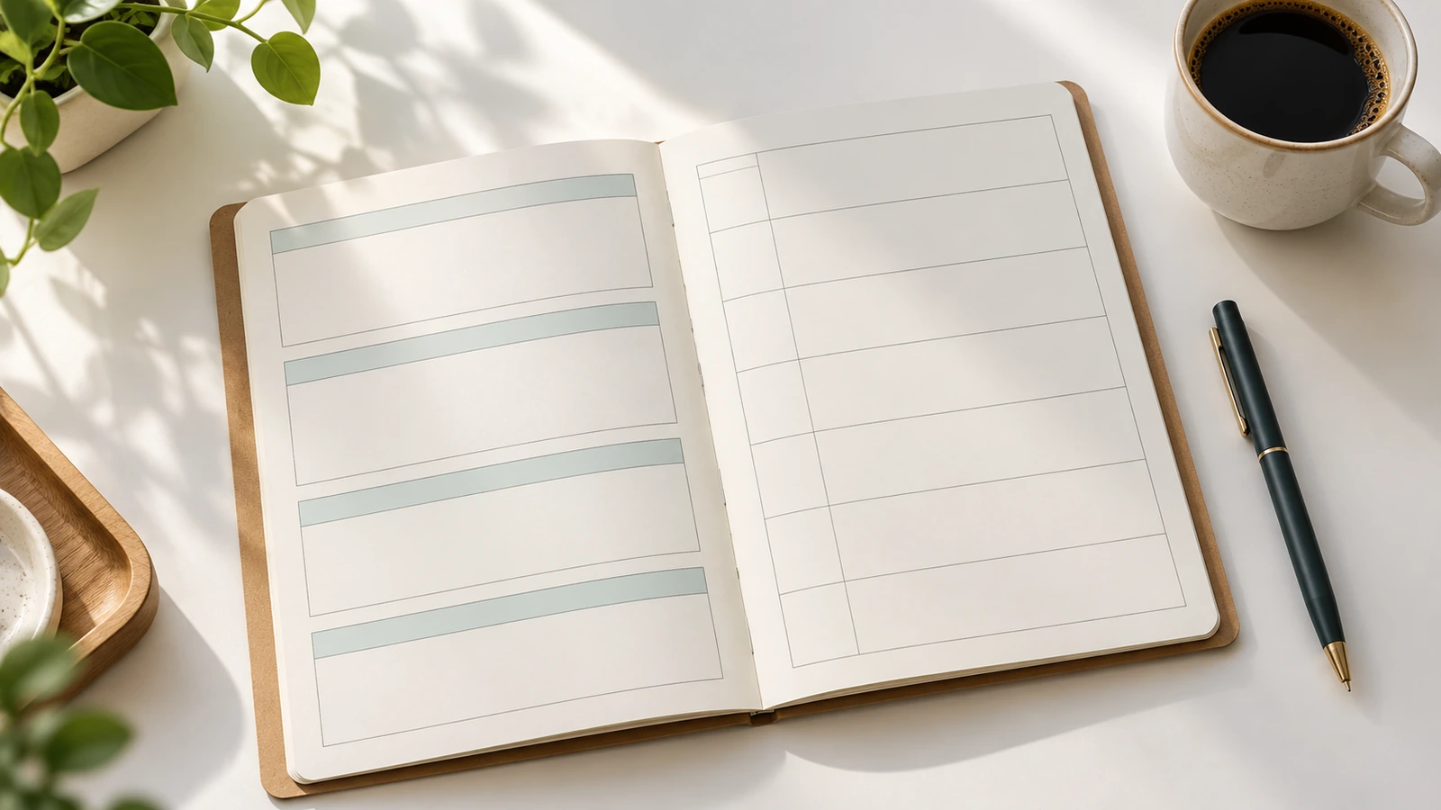 Caderno aberto com um modelo de reunião na página esquerda e uma grade de planejamento semanal na página direita, representados por blocos sombreados e linhas simples