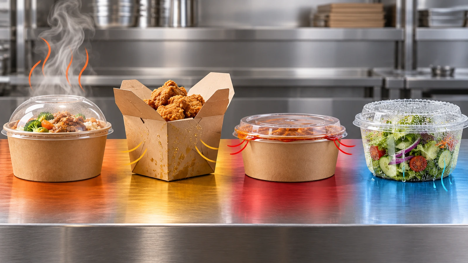 Quatro recipientes para levar sobre uma bancada de cozinha mostrando quatro modos de falha do cardápio: vapor subindo de uma refeição quente, gotas de óleo em um item frito, molho acumulado na vedação da tampa e gotículas geladas em uma salada fria
