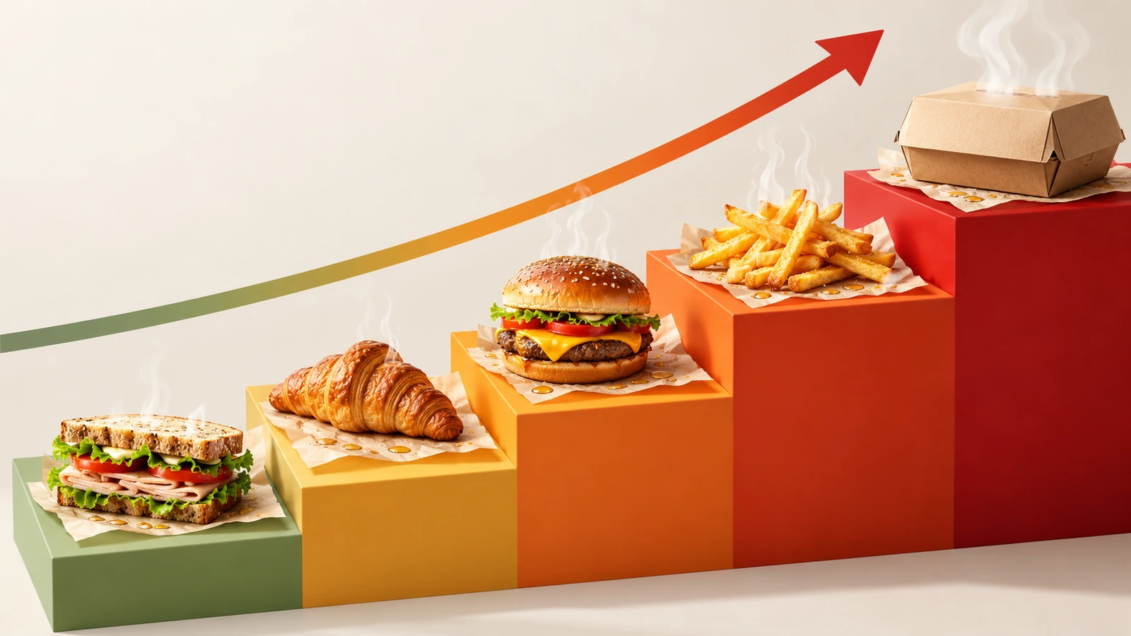 Ilustração em escada de alimentos para viagem, subindo de um croissant e um sanduíche até batatas fritas e uma caixa de entrega fechada, com gotas de óleo e ondas de calor aumentando a cada degrau para mostrar a exigência crescente de barreira à gordura