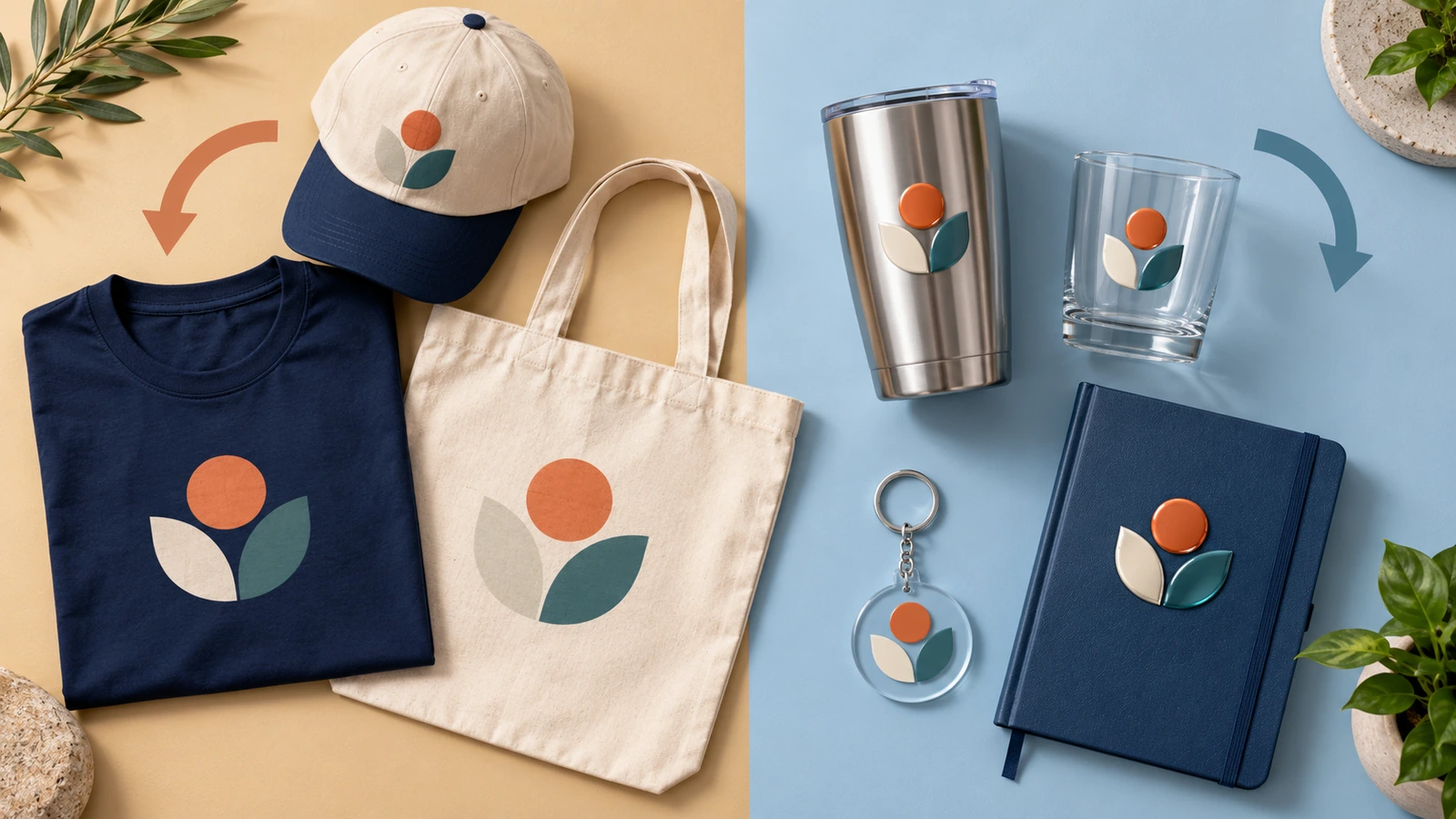 Kit de brindes em vista de cima, organizado em uma zona de tecido com camiseta, sacola e boné e uma zona de itens rígidos com copo térmico, vidro, chaveiro de acrílico e caderno